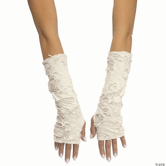 WEDDING WHITE & IVORY LONG TATTERED FINGERLESS GLOVES COSTUME FW96817WK - Picture 1 of 3